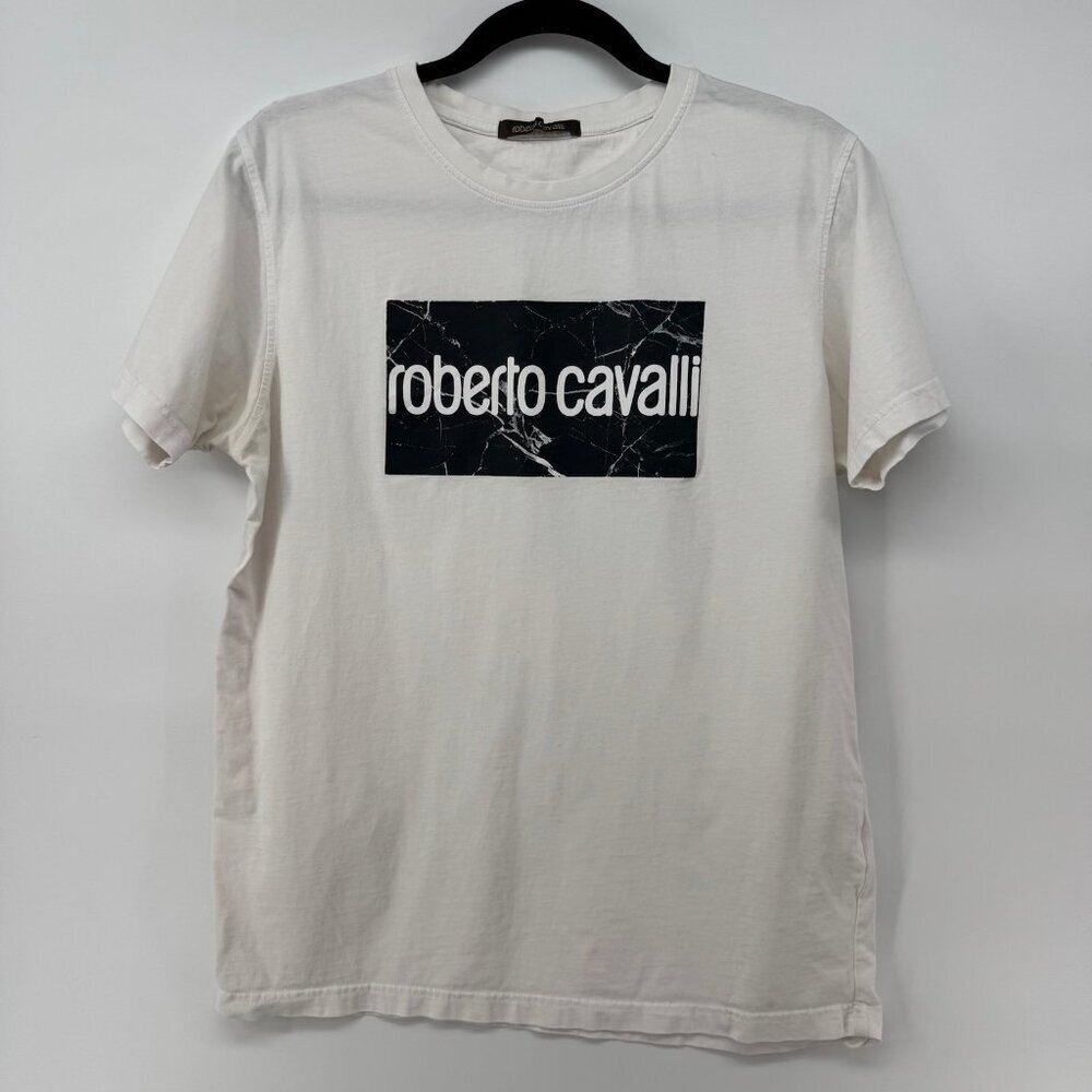 Roberto Cavalli Men's White Crewneck Graphic Print Shirt Size L